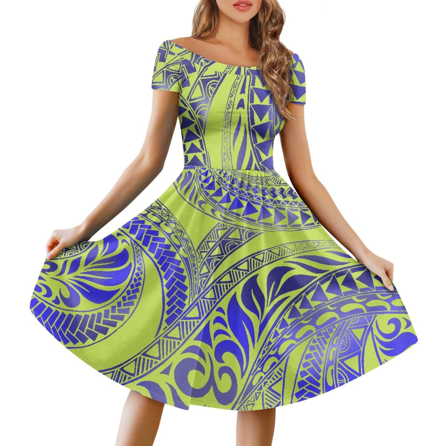 2023 Hot Sales Polynesian dresses Design Custom Island Fashion One-Shoulder Short-Sleeved Dress