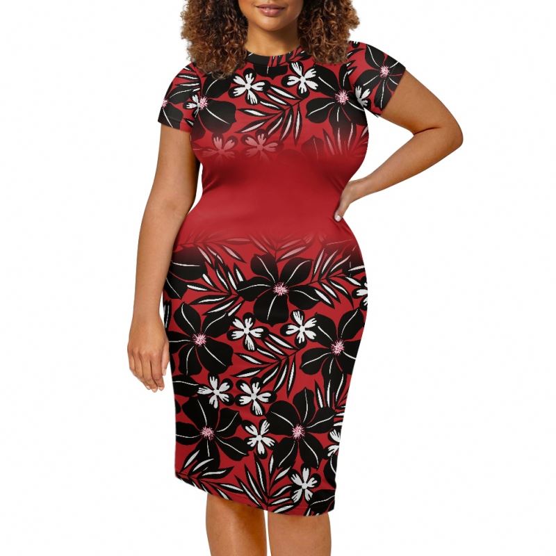 2023 Polynesian dress Brown Tapa Masi Cloth Floral Samoan Fabric Tribal Printed Customized Short Sleeve Bodycon Dress