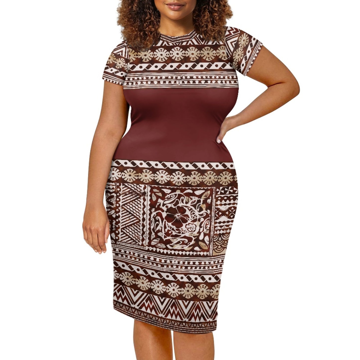 2023 Polynesian dress Brown Tapa Masi Cloth Floral Samoan Fabric Tribal Printed Customized Short Sleeve Bodycon Dress