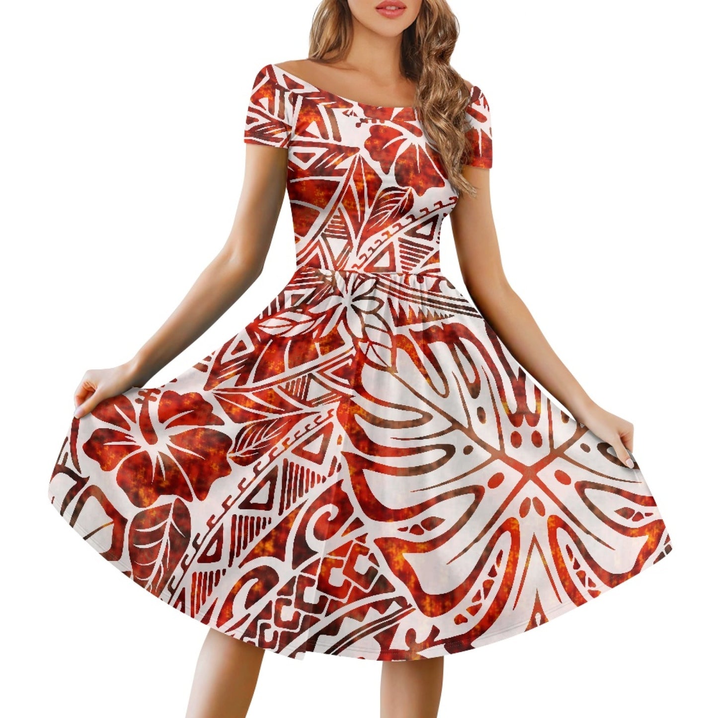 2023 Hot Sales Polynesian dresses Design Custom Island Fashion One-Shoulder Short-Sleeved Dress