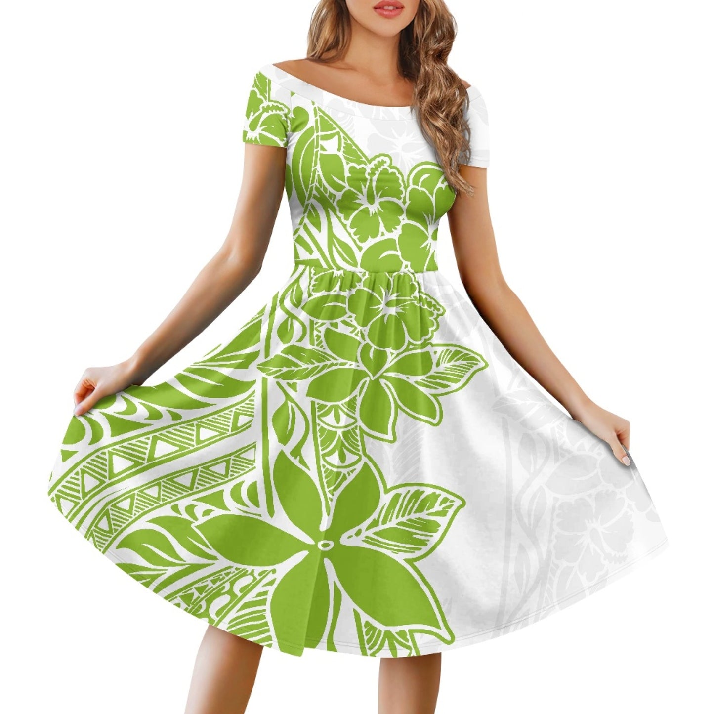 2023 Hot Sales Polynesian dresses Design Custom Island Fashion One-Shoulder Short-Sleeved Dress