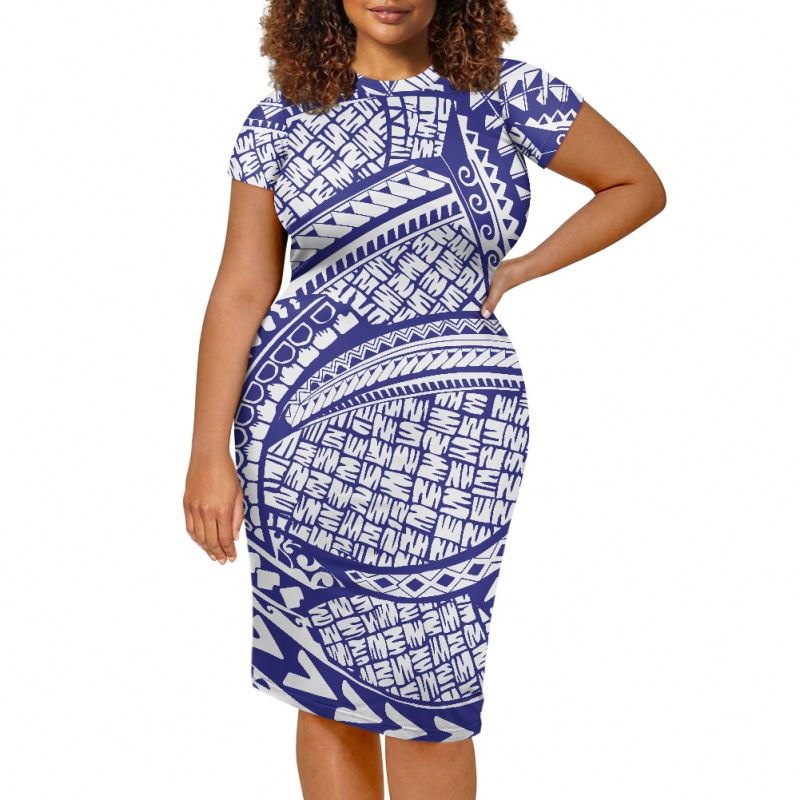 2023 Polynesian dress Brown Tapa Masi Cloth Floral Samoan Fabric Tribal Printed Customized Short Sleeve Bodycon Dress