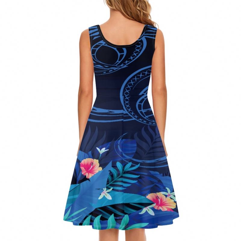 Island Summer Custom Clothes Sleeveless Dress Hibiscus Flower Polynesian Blue Lady Elegant A-line Casual Dresses with Pockets