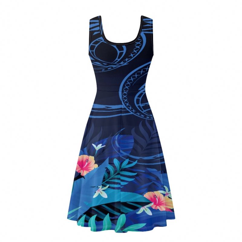 Island Summer Custom Clothes Sleeveless Dress Hibiscus Flower Polynesian Blue Lady Elegant A-line Casual Dresses with Pockets