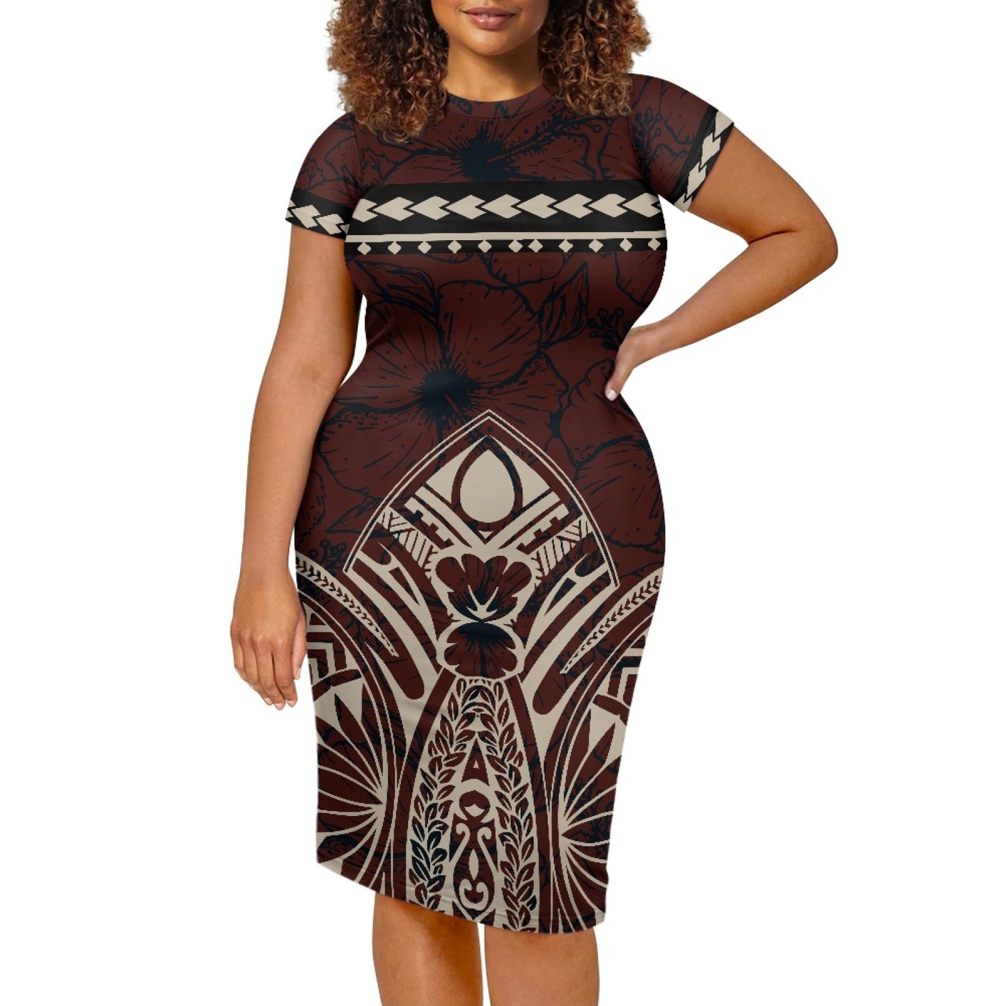 2023 Polynesian dress Brown Tapa Masi Cloth Floral Samoan Fabric Tribal Printed Customized Short Sleeve Bodycon Dress