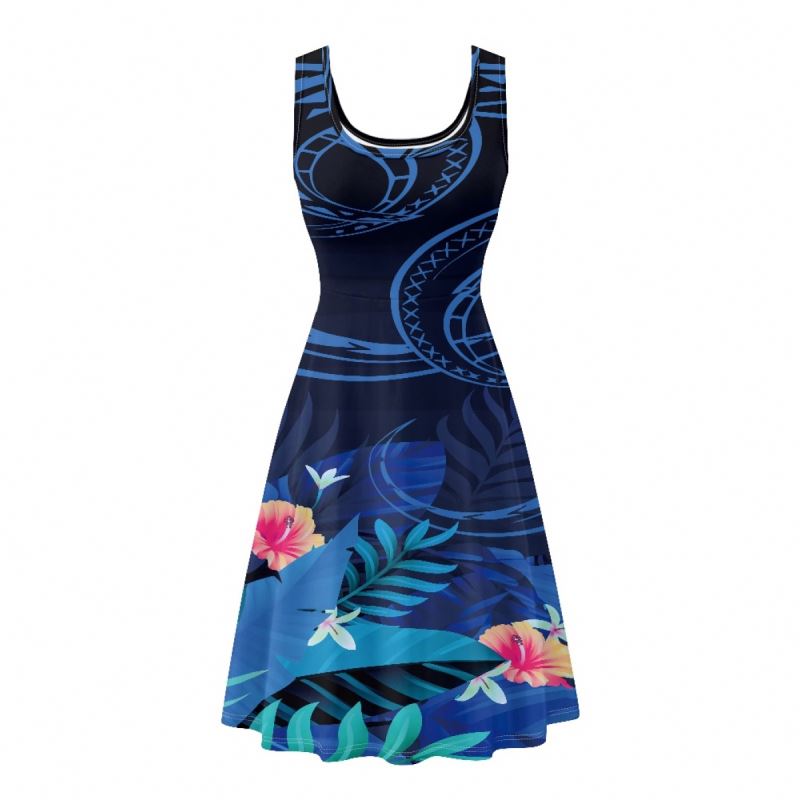Island Summer Custom Clothes Sleeveless Dress Hibiscus Flower Polynesian Blue Lady Elegant A-line Casual Dresses with Pockets