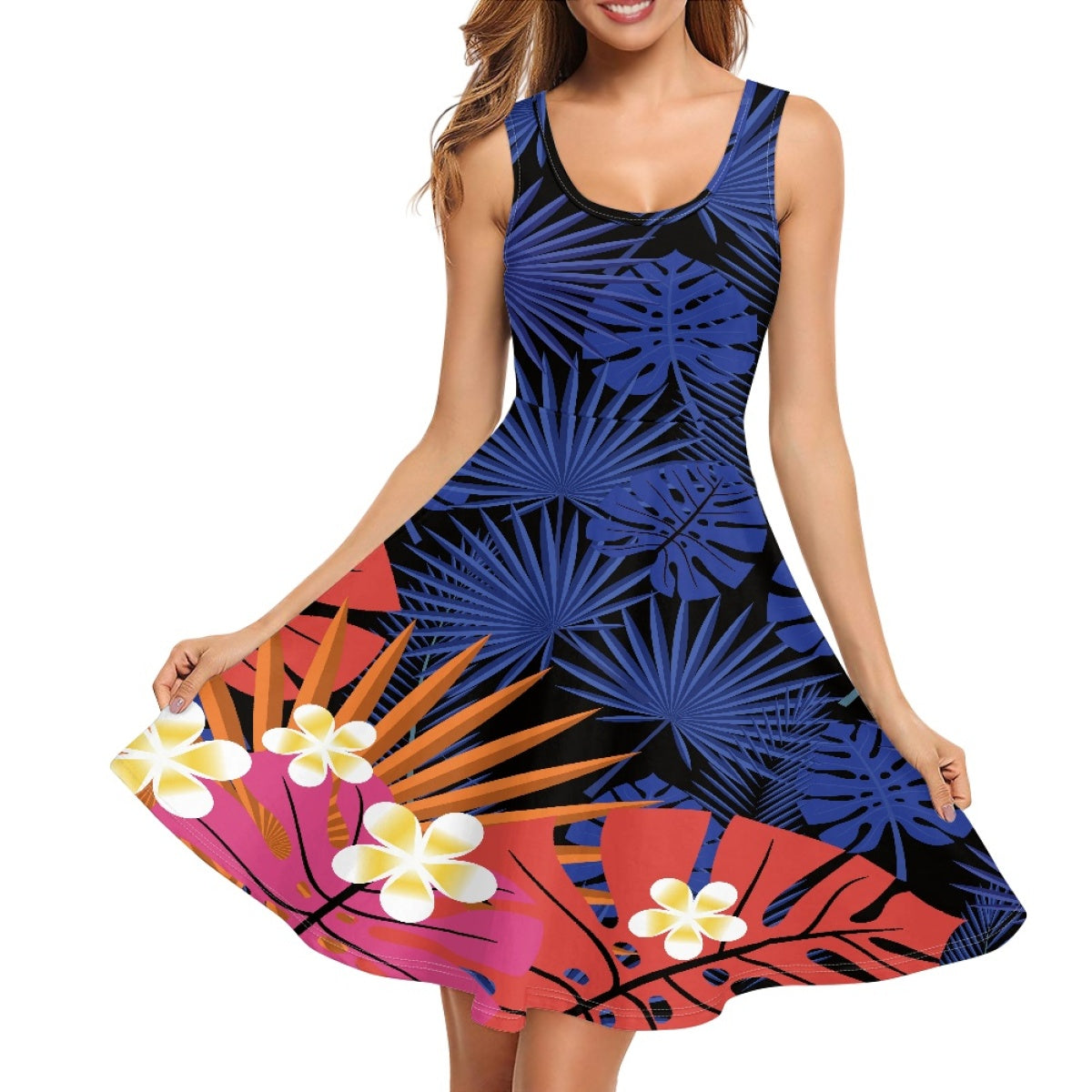 Island Summer Custom Clothes Sleeveless Dress Hibiscus Flower Polynesian Blue Lady Elegant A-line Casual Dresses with Pockets