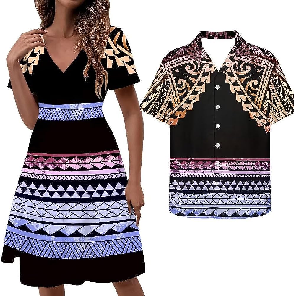 MORNWORLD Polynesian Style V-Neck Dress - Casual Island Wear and Men Shirts