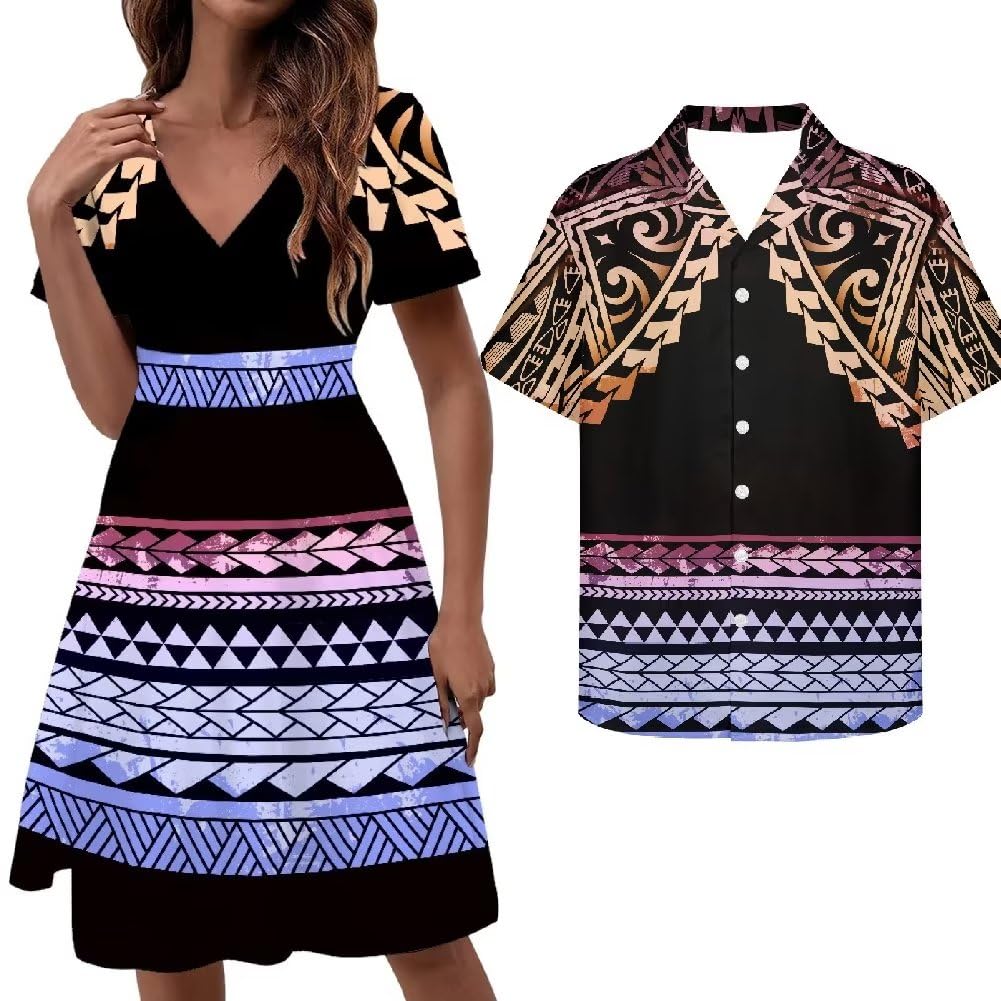 MORNWORLD Polynesian Style V-Neck Dress - Casual Island Wear and Men Shirts