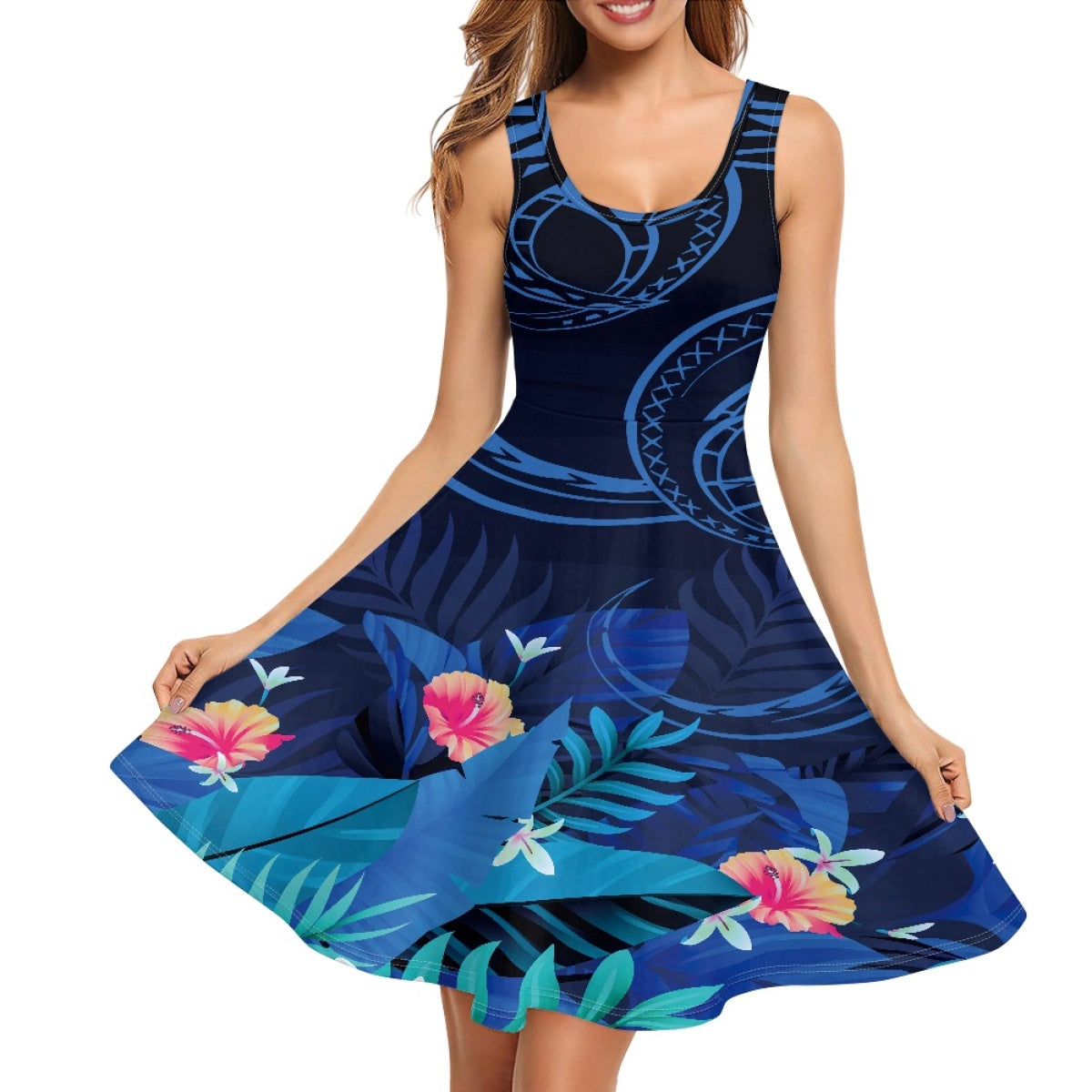 Island Summer Custom Clothes Sleeveless Dress Hibiscus Flower Polynesian Blue Lady Elegant A-line Casual Dresses with Pockets