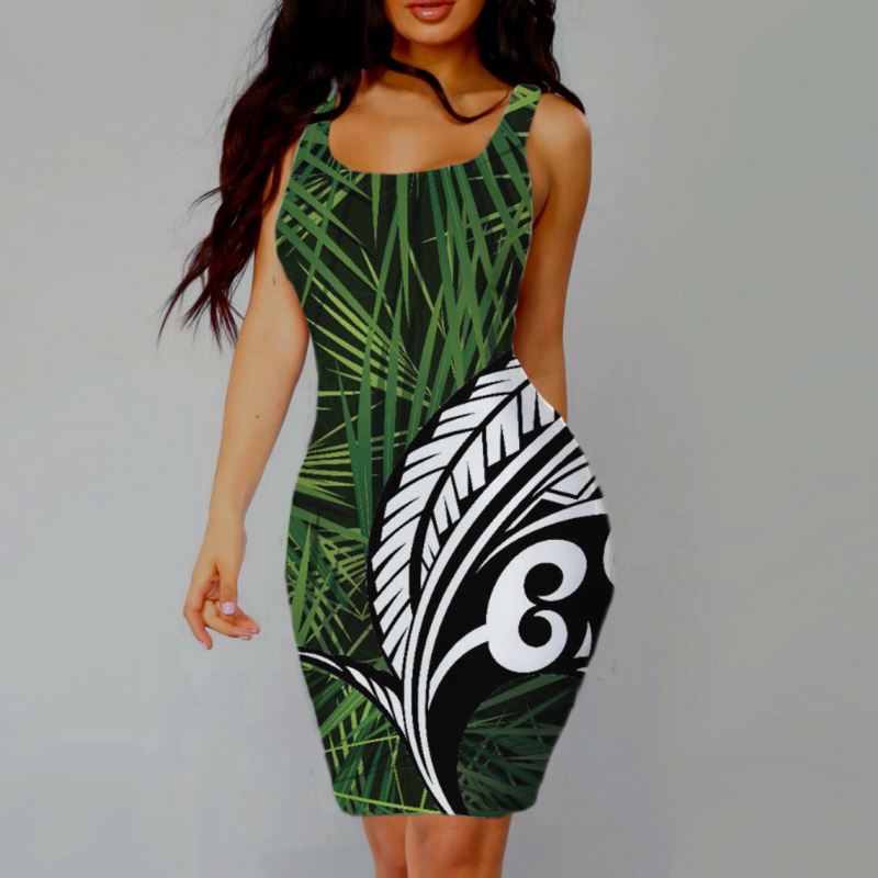 Plus Size Women Clothes Island Polynesian Tribal Hawaiian Plam Leaf Mixed Bodycon Dress Sleeveless Style For Ladies 2023